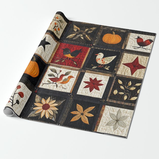 Rustic Autumn Quilt Mönster | Harvest Folk Motifs Presentpapper (Utrullad)