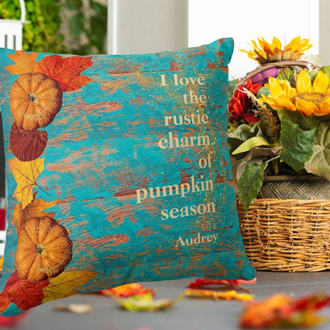 Rustic Autumn Red Lövs & Pumpkins Inspirational Kudde (Skapare uppladdad)