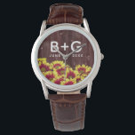 Rustic Autumn-solblommor på stängsel Bröllop Armbandsur<br><div class="desc">Lägg till en liten vintage till din speciella dag med den här blommigt-temade bröllop armbandsur, som har en fallande symbol med levande, tvåtoniga mini-solblommor som sätts på ett väderstreck. Lägg till initialer och bröllop-datum för nya lyweds. En underbar keepy för bröllop- och jubileumsfrågor! Design © W.H. Sim. Se mer på...</div>