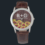 Rustic Autumn-solblommor på stängsel Bröllop Armbandsur<br><div class="desc">Lägg till en liten vintage till din speciella dag med den här blommigt-temade bröllop armbandsur, som har en fallande symbol med levande, tvåtoniga mini-solblommor som sätts på ett väderstreck. Lägg till initialer och bröllop-datum för nya lyweds. En underbar keepy för bröllop- och jubileumsfrågor! Design © W.H. Sim. Se mer på...</div>