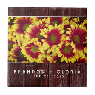 Rustic Autumn-solblommor på stängsel Bröllop Kakelplatta