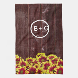 Rustic Autumn-solblommor på stängsel Bröllop Kökshandduk