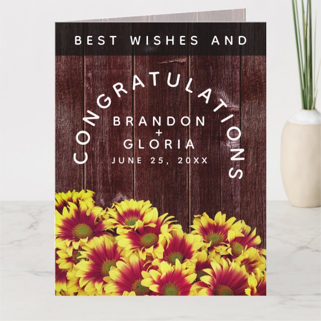 Rustic Autumn-solblommor på stängsel Bröllop Kort (Framsida)