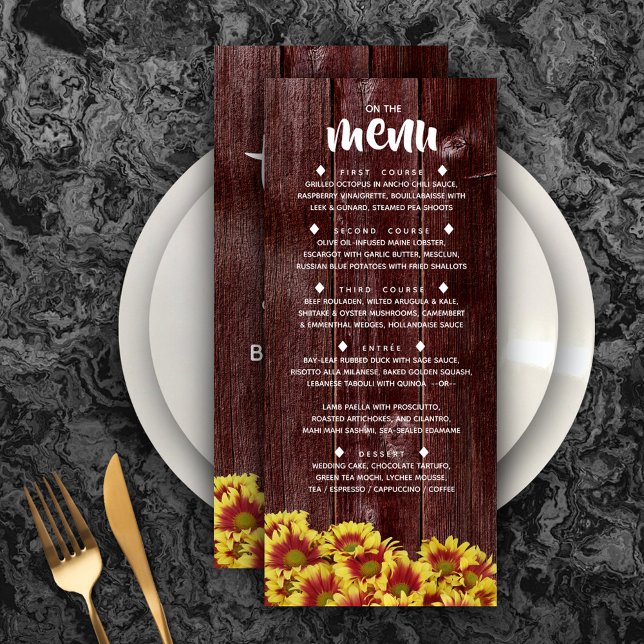 Rustic Autumn-solblommor på stängsel Bröllop Meny (Rustic Autumn Sunflowers on Fence Wedding Menu Rack Card Cover Photo.)
