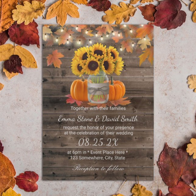Rustic Autumn Solros Burk Pumpkins Fall Wedding Inbjudningar (Skapare uppladdad)