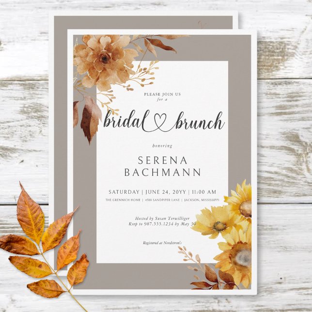 Rustic Autumn Solros Taupe White Möhippa Brunch Inbjudningar (Rustic Autumn Sunflower Taupe White Bridal Brunch Invitation)