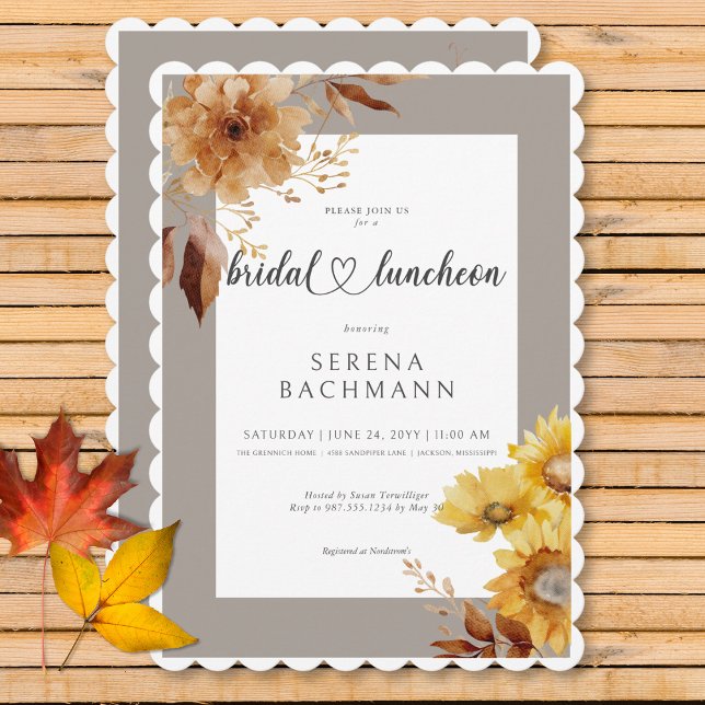 Rustic Autumn Solros Taupe White Möhippa Lunch Inbjudningar (Rustic Autumn Sunflower Taupe White Bridal Lunch Invitation)