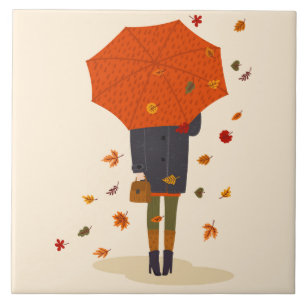 Rustic Autumn Umbrella Girl Kakelplatta