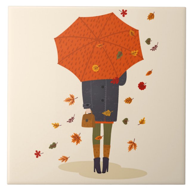 Rustic Autumn Umbrella Girl Kakelplatta (Framsidan)