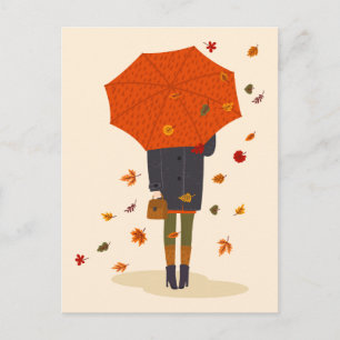 Rustic Autumn Umbrella Girl Vykort
