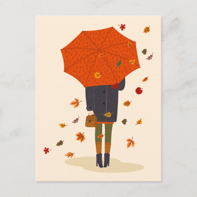 Rustic Autumn Umbrella Girl Vykort (Framsida)
