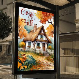 Rustic Autumn Watercolor Cottage Träd Garden Poster