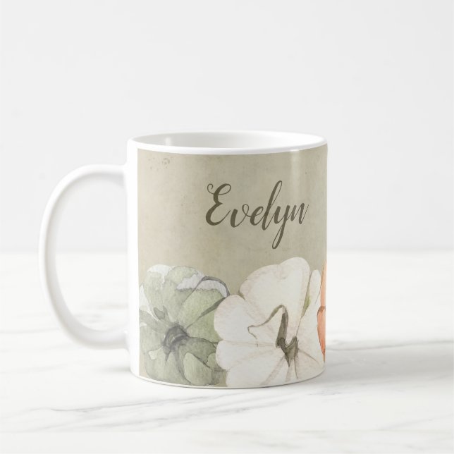 Rustic Autumn White, Orange Pumpkins Personlig Kaffemugg (Vänster)