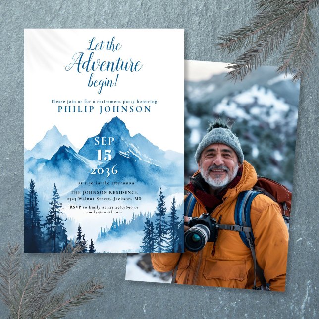 Rustic Äventyr Begin Mountain Pension Party Inbjudningar (Rustic Adventure Begin Mountain Retirement Party Invitation)