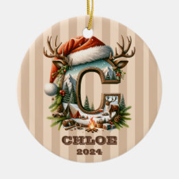 Rustic Äventyr Brev C Santa Hat och Campfire Julgransprydnad Keramik