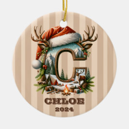 Rustic Äventyr Brev C Santa Hat och Campfire Julgransprydnad Keramik