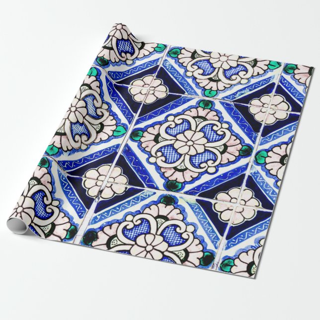 Rustic Azulejo Spanska Mönster Tiles Navy White Presentpapper (Utrullad)