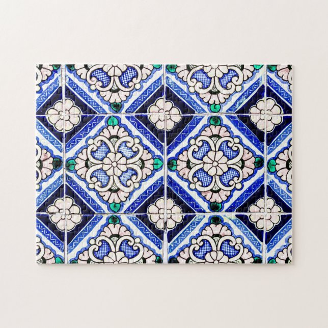 Rustic Azulejo Spanska Mönster Tiles Navy White Pussel (Horisontell)