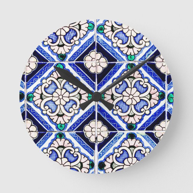 Rustic Azulejo Spanska Mönster Tiles Navy White Rund Klocka (Framsida)