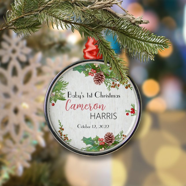 Rustic Baby 1: Jul Holly & Gräs Julgransprydnad Metall (Skapare uppladdad)