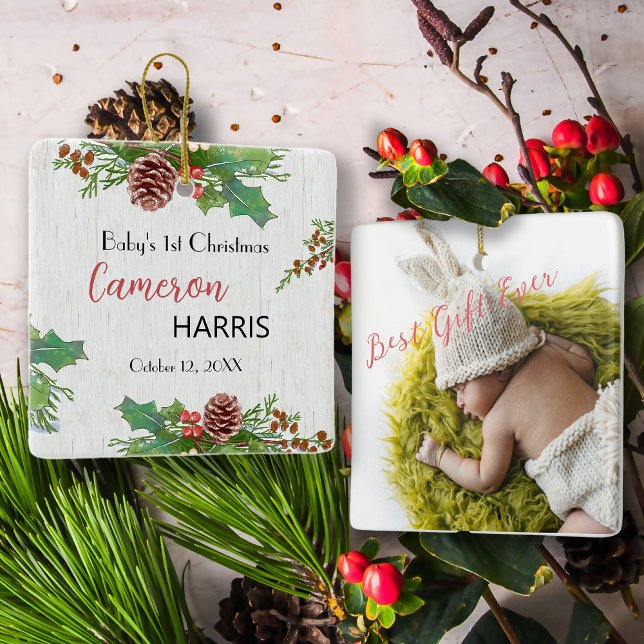 Rustic Baby 1: Julens milstolpe Foto Julgransprydnad Keramik (Skapare uppladdad)