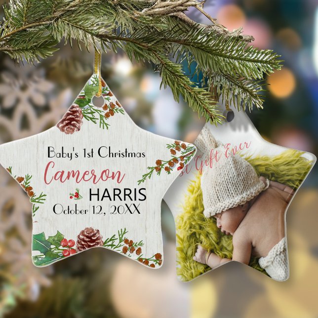 Rustic Baby 1: Julens milstolpe Foto Julgransprydnad Keramik (Skapare uppladdad)