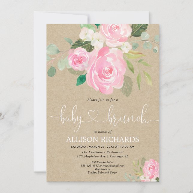 Rustic baby brunch-rosa blommigt inbjudningar (Framsida)