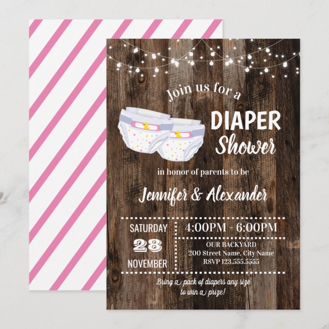 Rustic Baby Diaper Shower Inbjudningar (Fram/baksida)