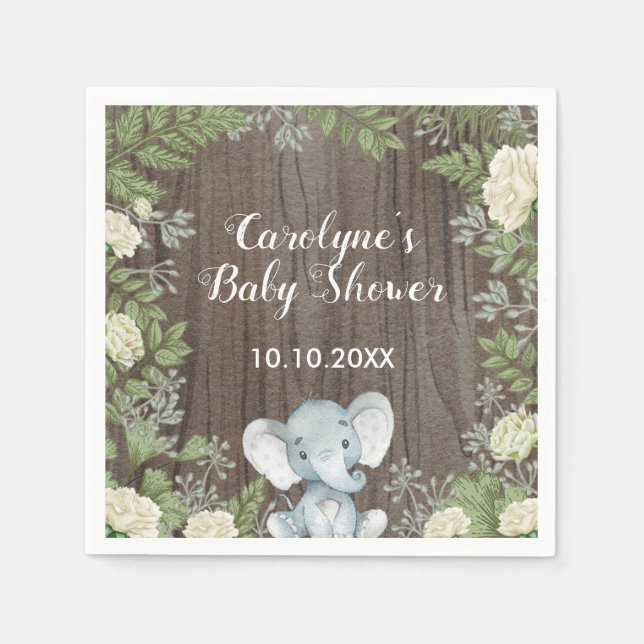 Rustic Baby Elephant / Botanical Grey / Safari Pappersservett (Framsidan)