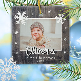 Rustic Baby Första jul Wood Snowflake Photo Julgransprydnad Keramik