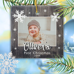 Rustic Baby Första jul Wood Snowflake Photo Julgransprydnad Keramik