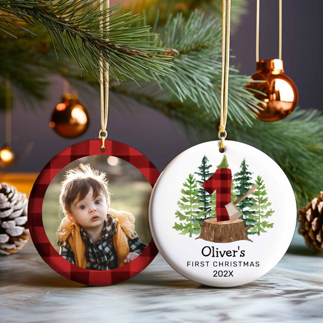 Rustic Baby första julfoto Julgransprydnad Keramik (1st Christmas Boy Buffalo Plaid Woodland Ornament)