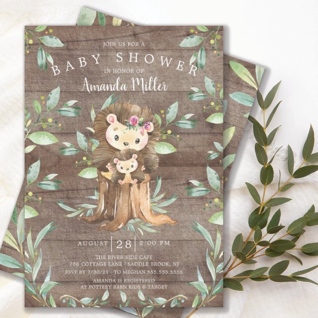 Rustic Baby Hedgehog och Mamma Baby Shower Invita Inbjudningar (Skapare uppladdad)
