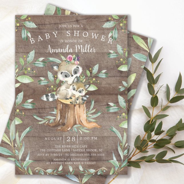Rustic Baby Raccoon och Mamma Woodland Baby Shower Inbjudningar (Skapare uppladdad)