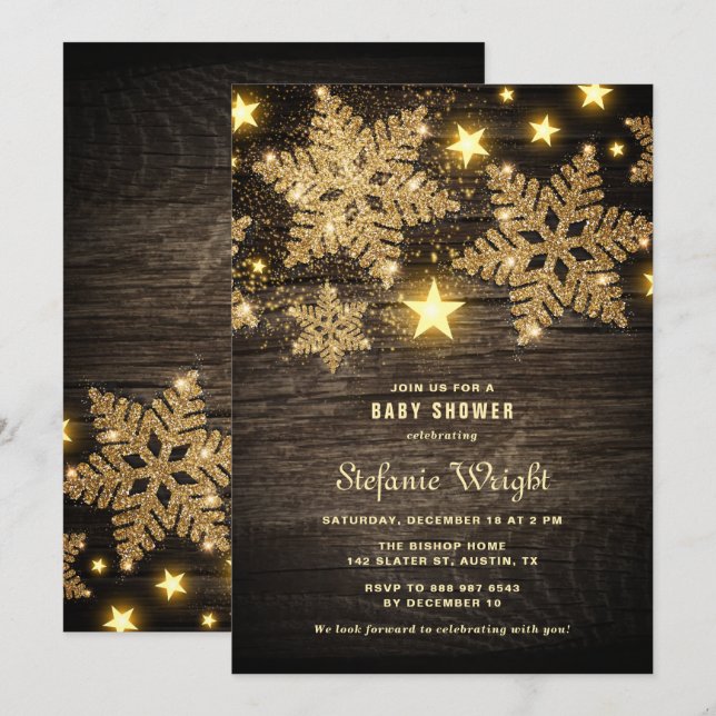 Rustic Baby Shower guld i Glitter Snöflingor Inbjudningar (Fram/baksida)