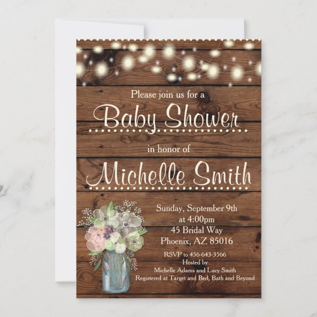 Rustic Baby Shower-inbjudan, Mason Burk, Blommigt Inbjudningar (Framsida)