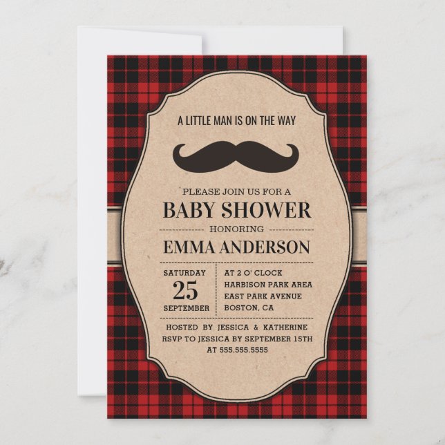 Rustic Baby Shower-inbjudan till Boy - Mustache Inbjudningar (Framsida)