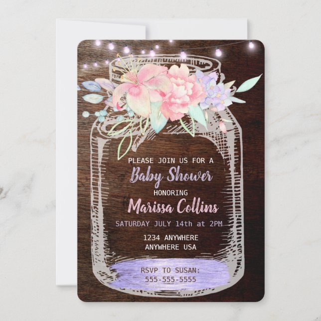 Rustic Baby Shower, Mason Burk Ljus Boho Blommigt Inbjudningar (Framsida)