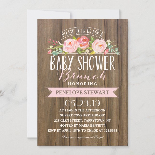 Rustic Baby Shower | Rosa för inbjudningar till ba (Framsida)