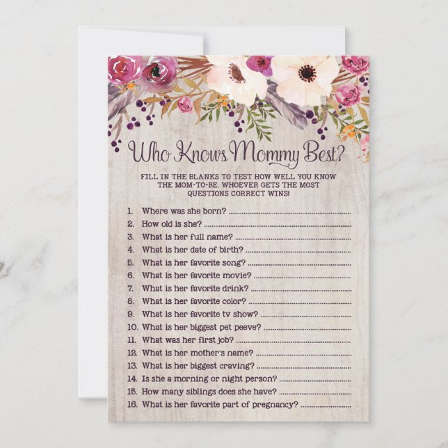 Rustic Baby Shower-spel som känner Mamma bäst Inbjudningar (Framsida)