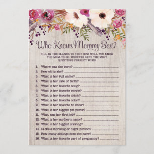 Rustic Baby Shower-spel som känner Mamma bäst Inbjudningar