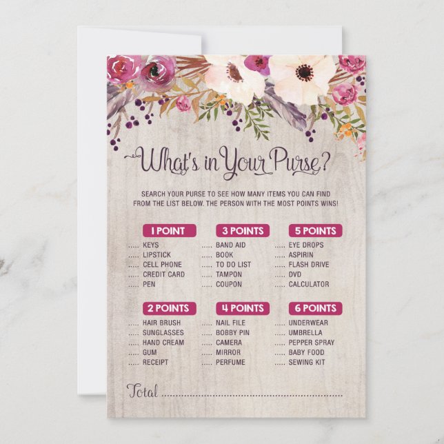 Rustic Baby Shower-spel - vad du har i din handväs Inbjudningar (Framsida)