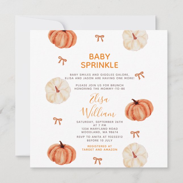 Rustic Baby Sprinkle White Pumpkin Baby Shower Inbjudningar (Framsida)