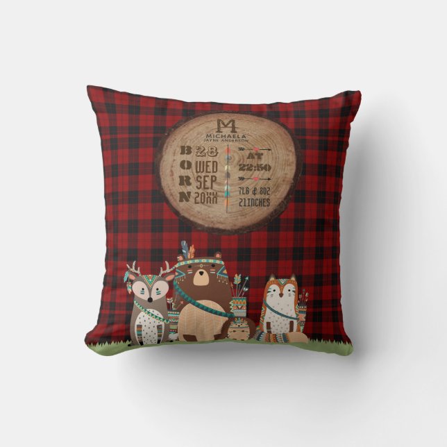 Rustic BABY STATS Lumberjack Woodland Animals Kudde (Framsida)