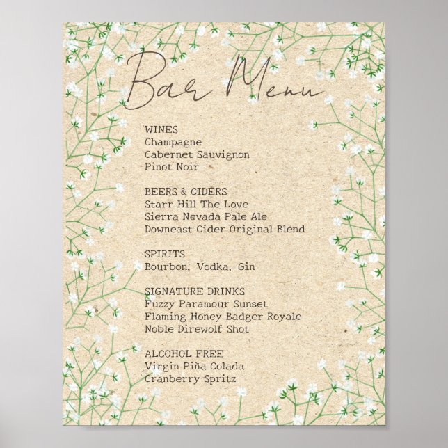 Rustic Baby's Band Blommigt Bröllop Pub Menu Sign Poster (Framsidan)