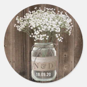 Rustic Baby's Band Blommigt Burk Wood Bröllop Runt Klistermärke