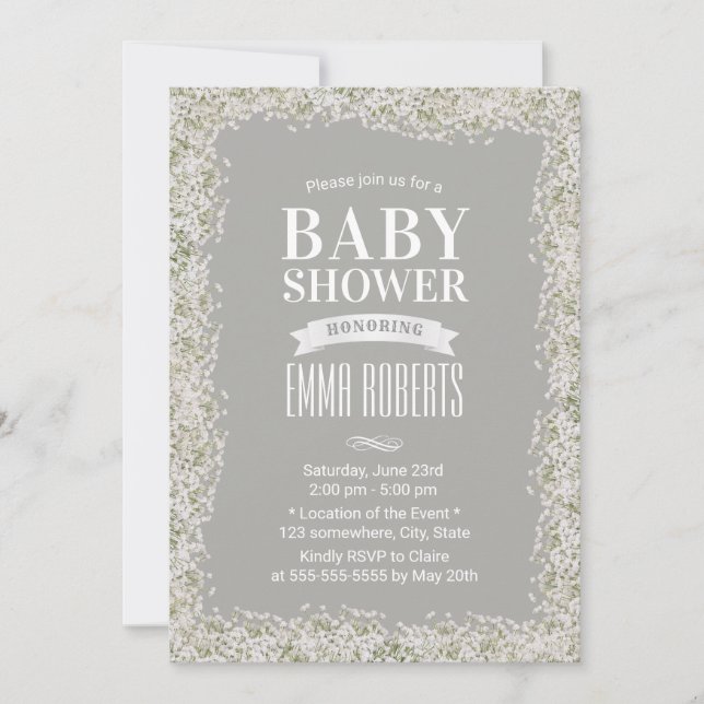 Rustic Baby's Band Blommigt Silver Baby Shower Inbjudningar (Framsida)