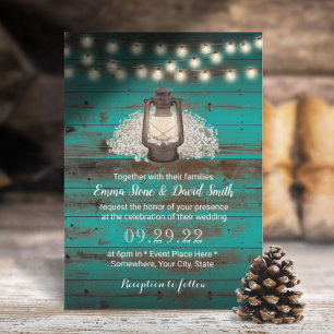 Rustic Baby's Band & Lantern Teal Barn Bröllop Inbjudningar