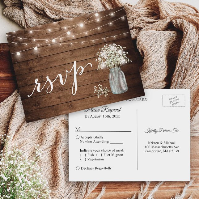 Rustic Baby's Band Mason Burk String Ljus OSA Inbjudan Vykort (The postcard offers plenty of space for your guests to RSVP and indicate their meal preferences.)