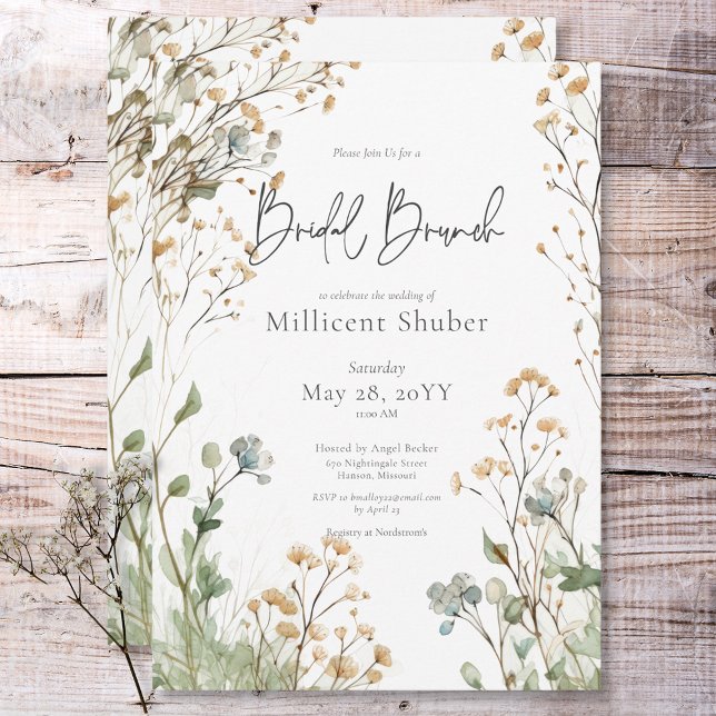 Rustic Baby's Band Watercolor Möhippa Brunch Inbjudningar (Rustic Baby's Breath Watercolor Bridal Brunch Invitation)